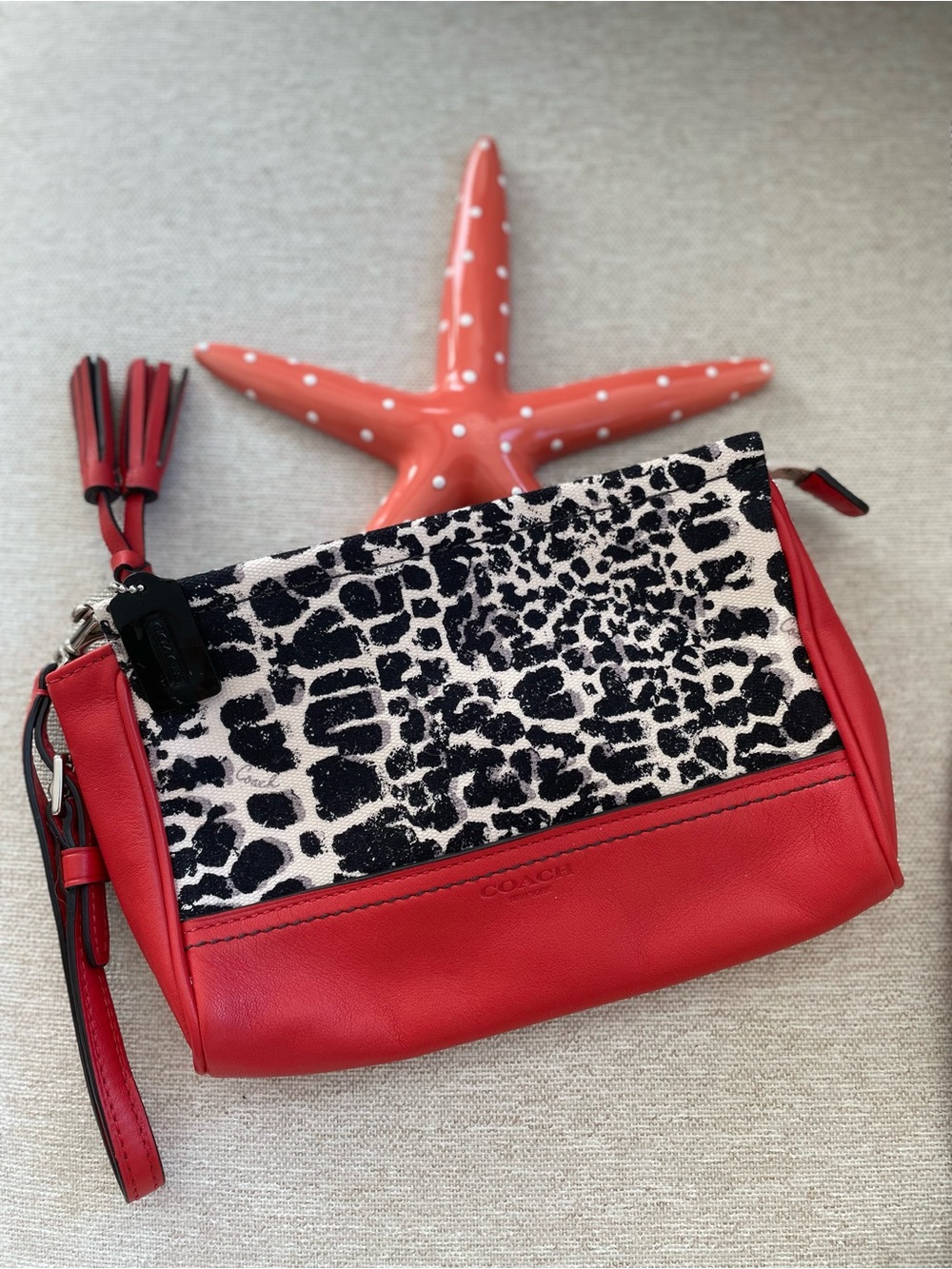 Coach Legacy Ocelot Red Leather Wristlet with Black & White Animal Print